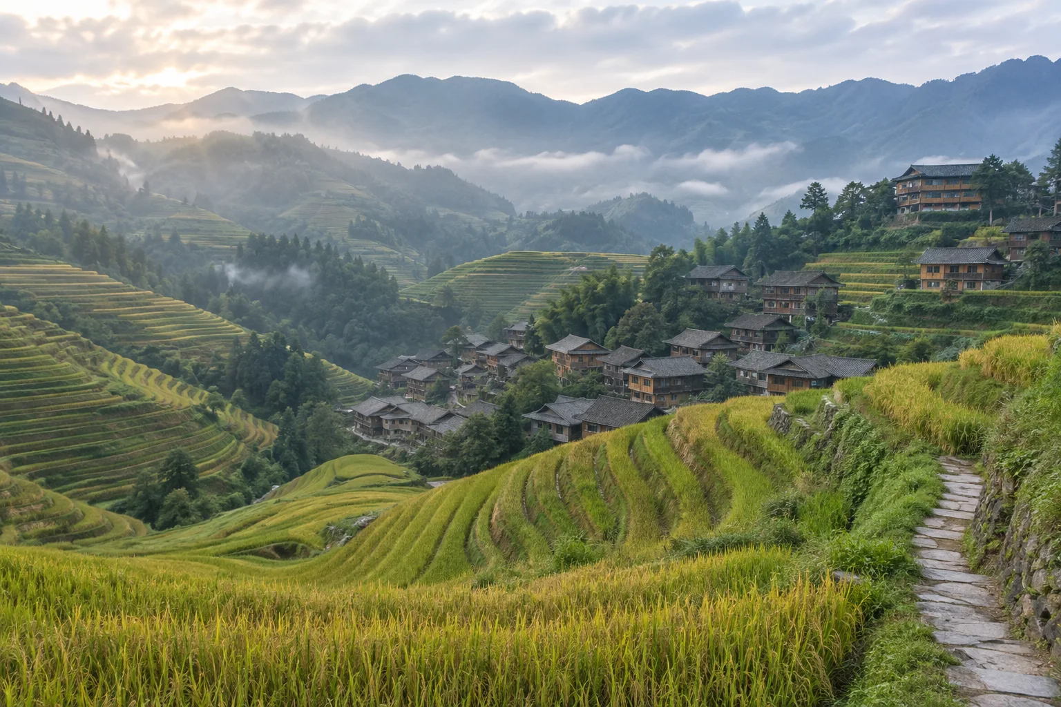 Longji rice terraces wrapping a timber village after morning mist