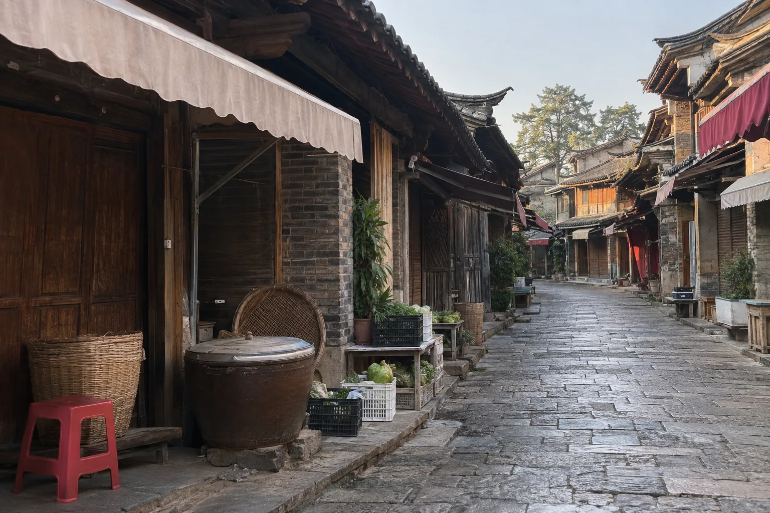 云南古镇里一条安静的石板街巷