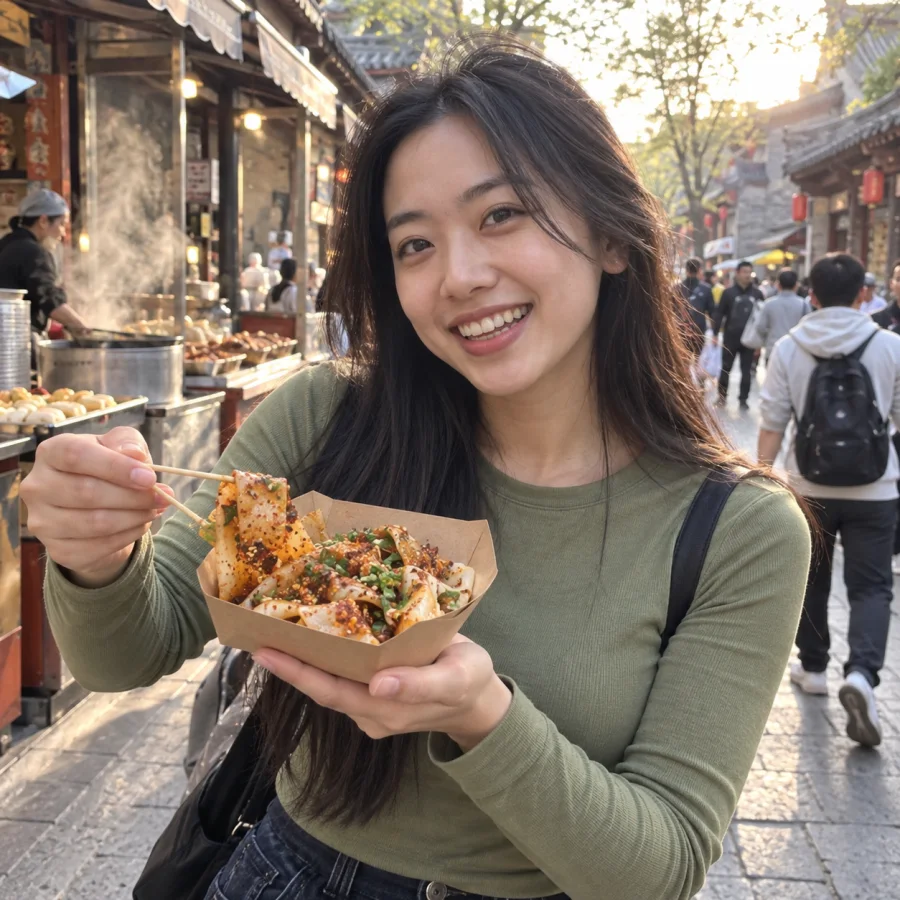 西安街头美食自然光旅行人物示意肖像