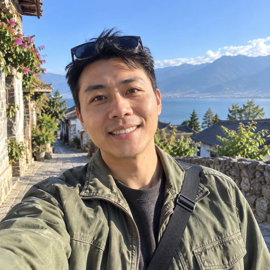 云南高原路线自然光旅行人物自拍示意图